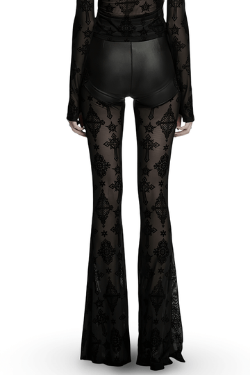 Edgy Gothic Flared Pants with Mesh Panels and Faux Leather